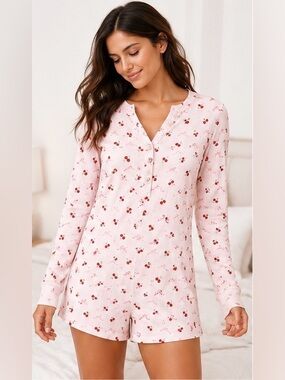NWT Aeropostale Cherry Bow Print Long Sleeve Sleep Romper Pajamas Lounge Size L